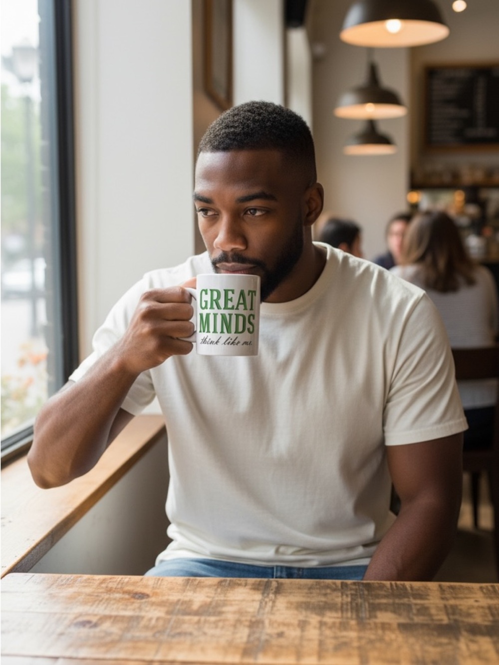 Hallmark White Ceramic Mug with Green "Great Minds Think Like Me" Lettering - Picture 2 of 3